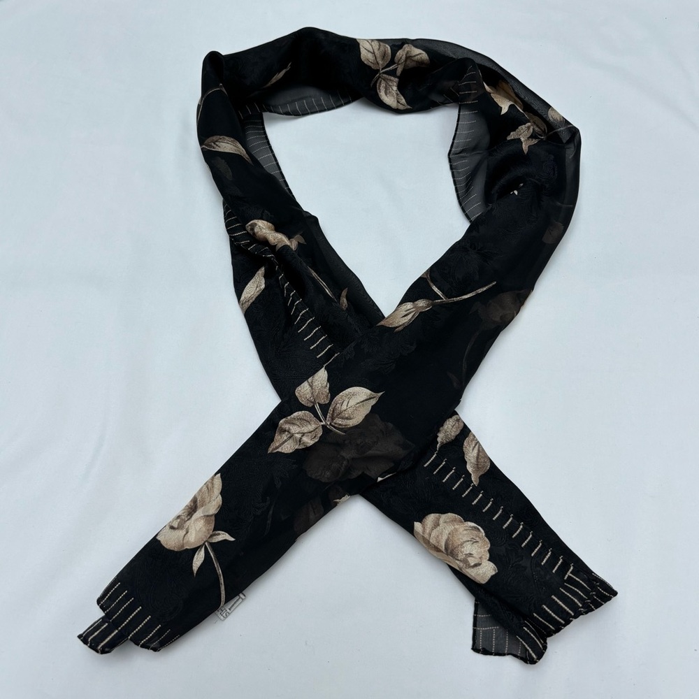 Vintage 100% Silk Black and Tan Floral Scarf